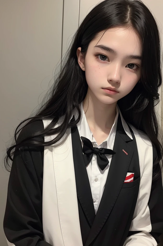 A 17-year-old in a black suit, completely white skin, Eyes red, white wavy bowl hair