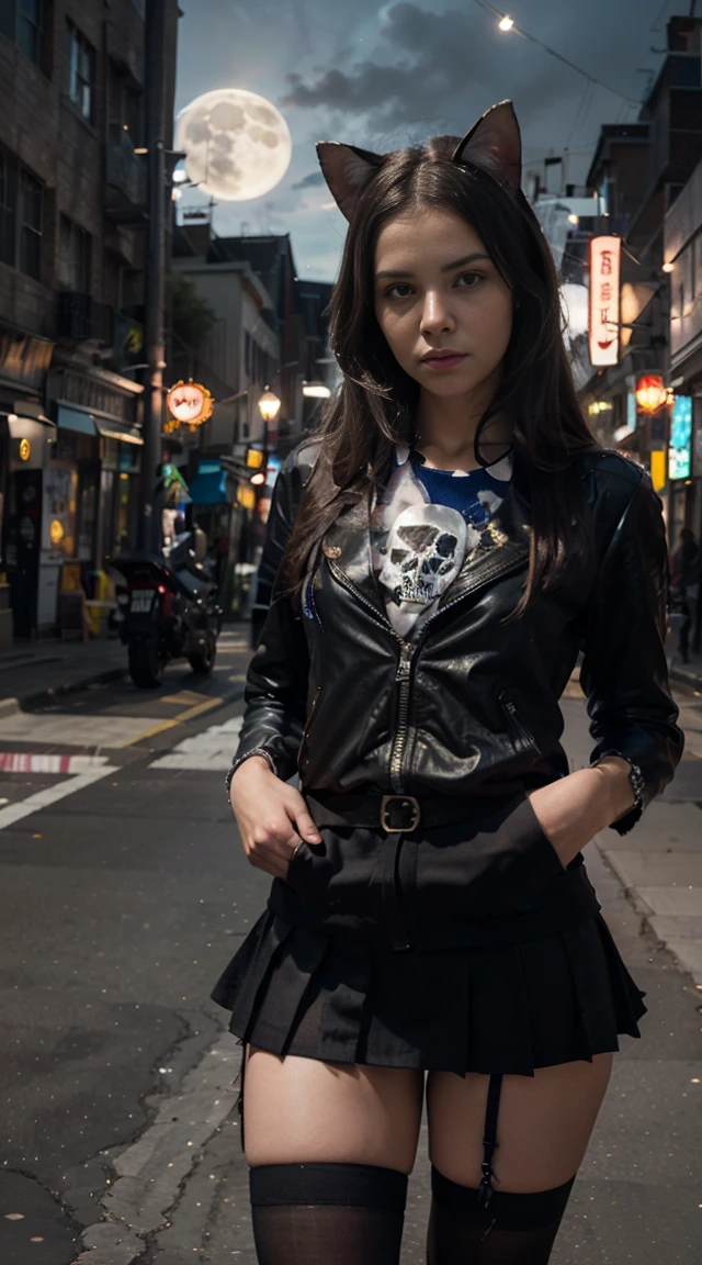 17-year-old Waifu  E-Girl, Cat Ears, Cat Tail, posando na frente de uma motocicleta futurista, the motorcycle has skulls and blue flames highly detailed 3D graphics, night scenery with full moon in the background, she is wearing a  White SchoolUniform with 3D skulls and flames and Sailor Miniskirt, Pantyhose, HDR, epic realism, high-octane rendering, obra de arte,