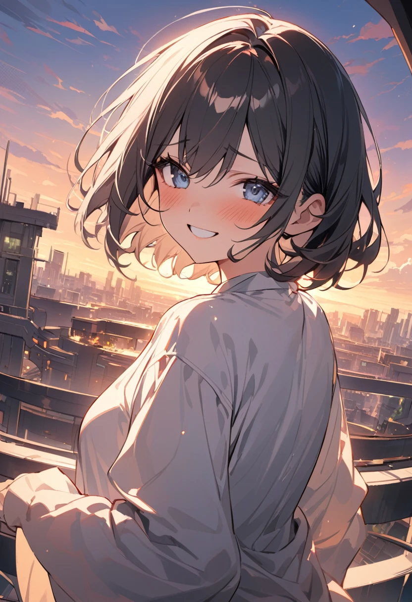 (masterpiece,Best Quality), , Girl looking at viewer, , {Top view|bottom view|medium view}, , {by the wide|short hair}, (wavy fur:0.8),, {Upper part of the body|cowboy shot}, , {inside|outdoor}, , {fancy|modern|Science fiction},, {dawn|evening}, , {blue eyes|black eyes|grey eyes},, {shy|happy|sad|smile|happy face},