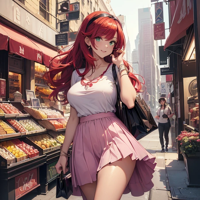 (Master piece, absurdres, best high quality image, high fantasy genre, carefully detailed textures, detailed image and background, full body view)
{{(1character: 27 years old dark-scarlet-red hair girl: (fair skin, green eyes, short lenght dark scarlet red hair, beautiful face, beautiful voluptuous figure, beautiful legs, beautiful arms, big breasts, beautiful hips, happy expression, cheerful demeanor, standing firmly at the store), (white headband, pink t-shirt, purple long skirt, red heel shoes, black handbag), (new york city, american shopping, clothes store))}}