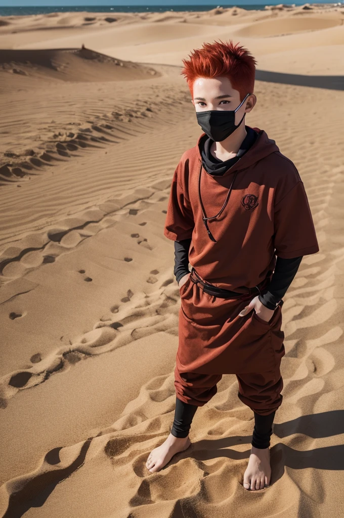 14-year-old boy being a sand ninja with red hair 