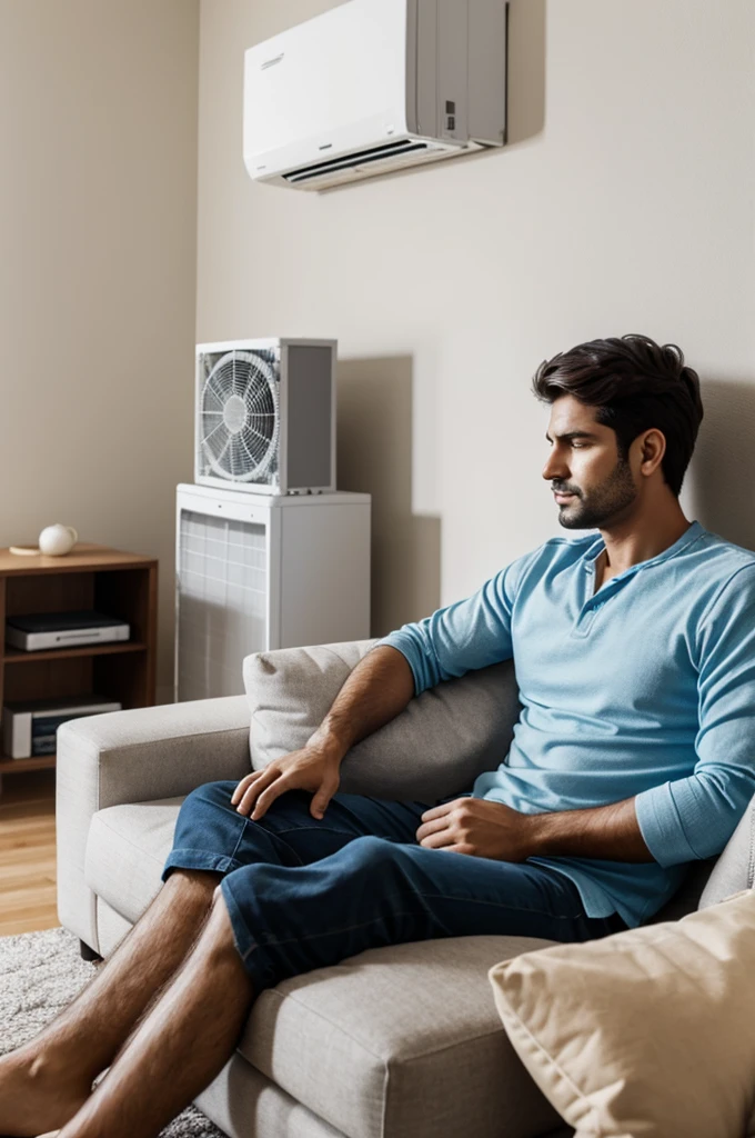 A man sitting in his palour cushion worried at the wrong installation of his palour Air-conditioner 