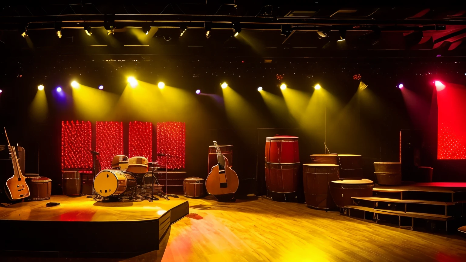 "An empty indoor stage prepared for an American country music concert. The stage is decorated with guitars, banjos and a double bass strategically positioned. Soft yellow and red lights illuminate the room, who has bales of hay, USA wagon wheels and barrels as part of the decoration."