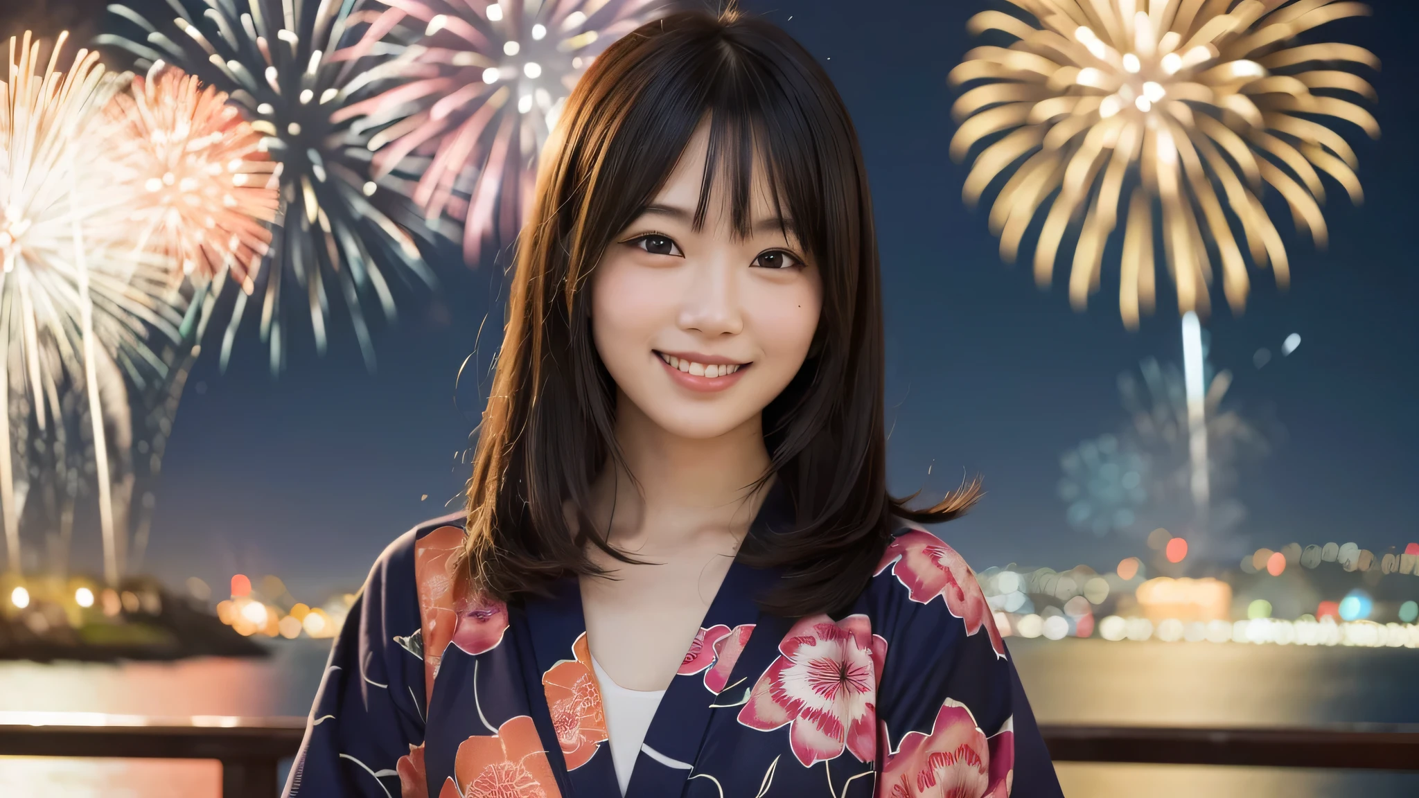 kawaii face, (1girl), (happy smile:1.2), (yukata), (Best Quality:1.4), Realistic, extremely detailed CG unified 8k wallpaper, highly detailed, High-definition raw color photos, professional photography, Realistic portrait, Beautiful detailed, Close up portrait of girl, Outdoors, Beautiful scenery, beach, (The night sky, fireworks, beautiful fireworks spreading across the sky:1.4), so beautiful, upper body photos, amazingly beautiful sight, A wonderful, (Fine face:1.2),