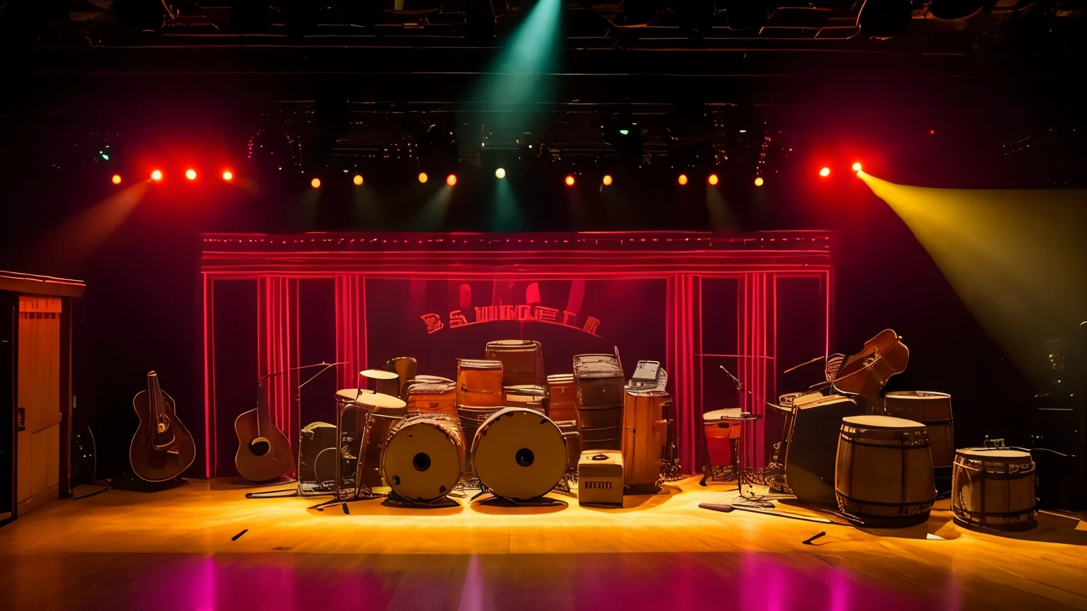 "An empty indoor stage prepared for an American country music concert. The stage is decorated with guitars, banjos and a double bass strategically positioned. Soft yellow and red lights illuminate the room, who has bales of hay, USA wagon wheels and barrels as part of the decoration."

