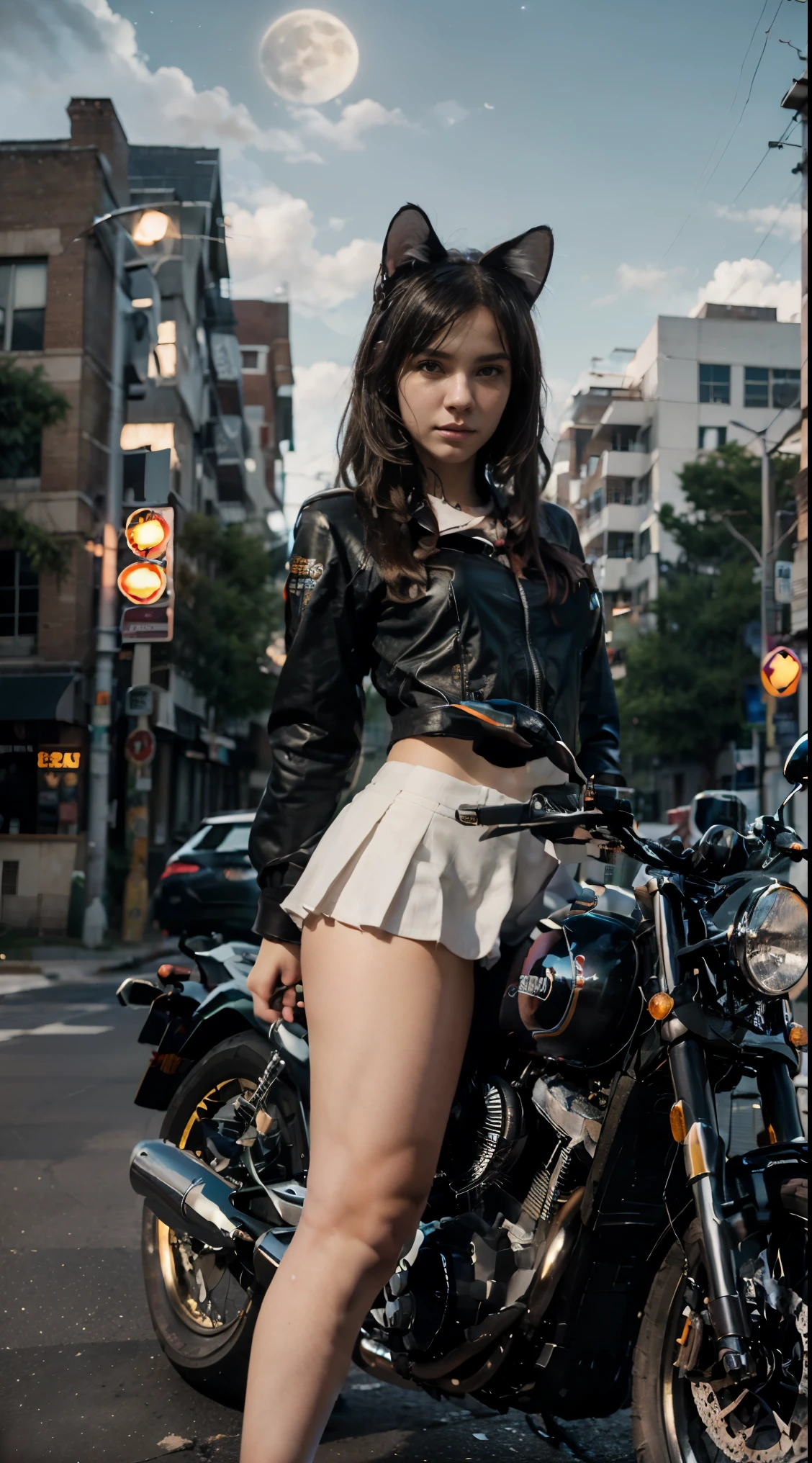 -yeld Wa Egirl, Cat Ears, Cat Tail, posando na frente de uma motocicleta futurista, the motorcycle has skulls and blue flames highly detailed 3D graphics, night scenery with full moon in the background, she is wearing a White SchoolUniform with 3D skulls and flames and Sailor Miniskirt, Pantyhose, HDR, epic realism, high-octane rendering, obra de arte,
