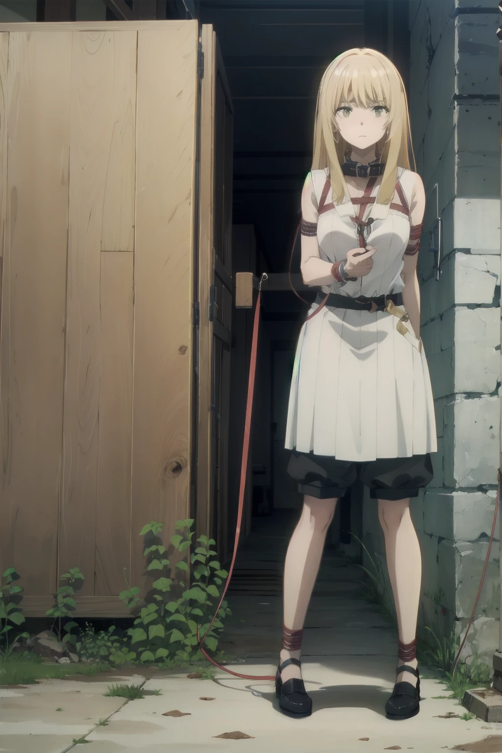 ((Full body shot, standing, feet on the ground)) 
((collar,leash,tied up,bondage,scared expression)),1Girl, solo,yellow eyes, blonde hair,,shorts,top-tank
