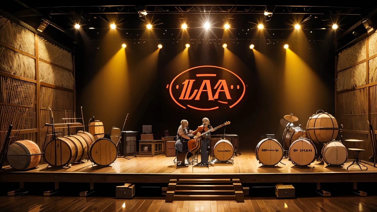 "An empty indoor stage prepared for an American country music concert. The stage is decorated with guitars, banjos and a double bass strategically positioned. Soft yellow and red lights illuminate the room, who has bales of hay, USA wagon wheels and barrels as part of the decoration."