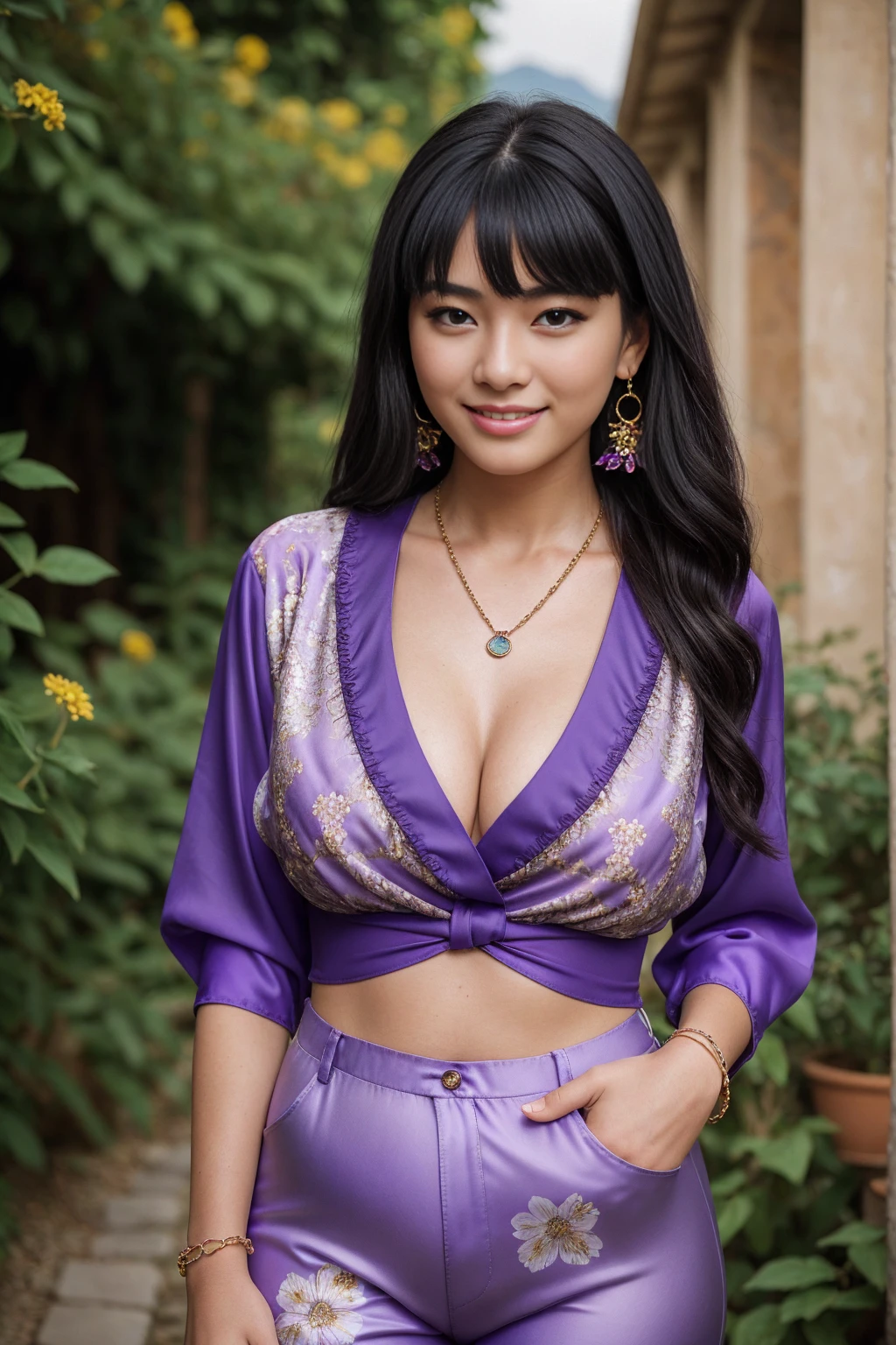 Half-length glamour portrait, nikon D850, f1.6 lens, 200mm, DSLR, 22 Megapixels, (((Secret garden of a Tuscan villa with hillside view scene))), shot of a stunning 19 years old korean girl, (smile:1.4), (wearing Purple Lightweight blouse with floral pants:1.6), ((seductive pose)), hot girl, (((big natural breasts))), (((black fringe hair))), (small girl), symmetrical face, photorealistic, photography, (bright natural lighting), gorgeous, deep cleavage, (masterpiece), best quality, high resolution, extremely detailed, cinematic lighting, (((very narrow waist))), rich colors, hyper realistic, lifelike texture, ((jewelry)), (((She has beautiful hands and wears rings))), (bracelet), (necklace), (ankle chain), (nail polish) (earrings), Fuji Superia 200, 8k
