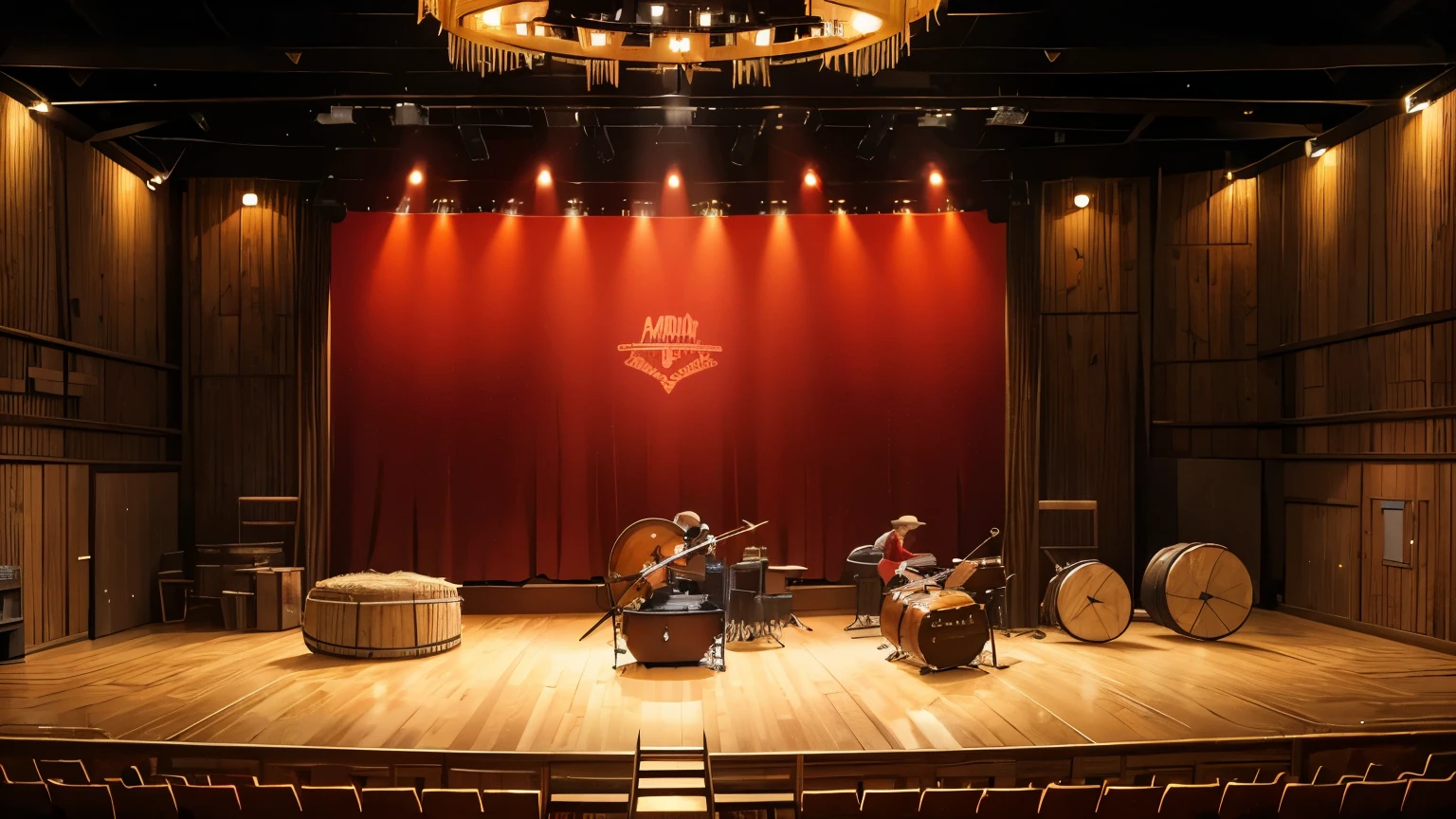 "An empty indoor stage prepared for an American country music concert. The stage is decorated with guitars, banjos and a double bass strategically positioned. Soft yellow and red lights illuminate the room, who has bales of hay, USA wagon wheels and barrels as part of the decoration."