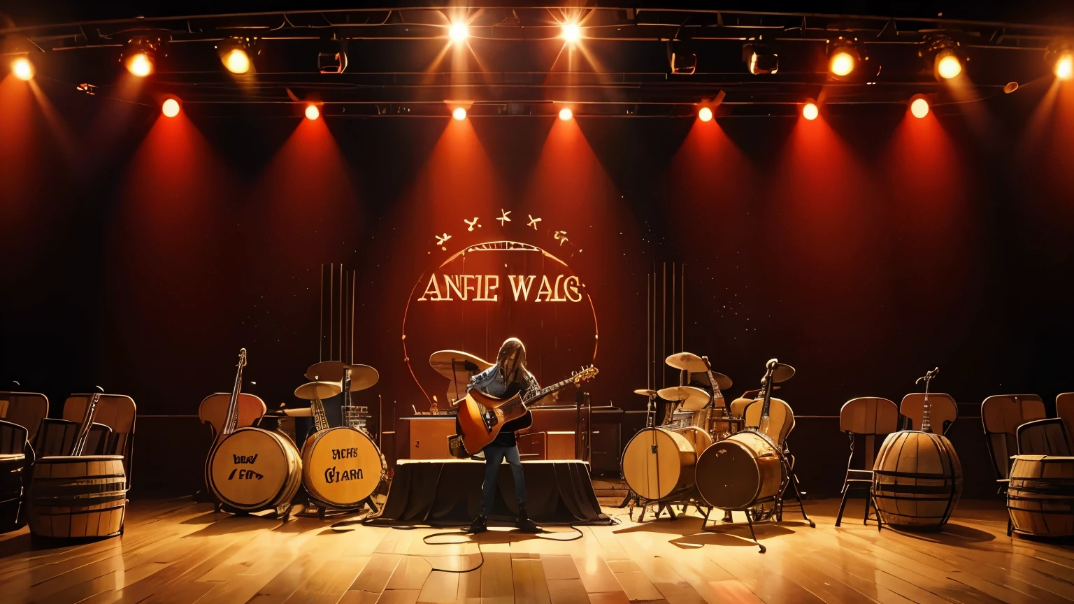 "An empty indoor stage prepared for an American country music concert. The stage is decorated with guitars, banjos and a double bass strategically positioned. Soft yellow and red lights illuminate the room, who has bales of hay, USA wagon wheels and barrels as part of the decoration."