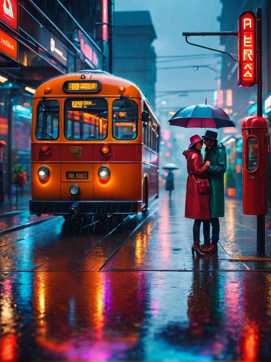 (train station scene:1.5),At a rainy bus stop,A man stands between two women,They are all waiting for the bus to arrive。A man sad and a woman is angry。The rain formed puddles on the ground,The lights at the bus stop look particularly warm in the rain。The surrounding environment looks a little hazy due to the rain,But the lights at the bus stop provide them with a warm haven。Both men and women wore rainy-weather clothing,man wearing a hat,The women wore light raincoats。Despite the bad weather,But they seemed to have an argument,This makes the whole scene full of human sadness,Let the picture pay more attention to the expression of nature and environment,3D rendering miniature scene design,miniature diorama,Transparent material,Pipe conveying materials,rich and colorful,futuristic,Graphic design inspiration illustration,emerging rendering,mixer,Unreal Engine,HDR, HD,best quality