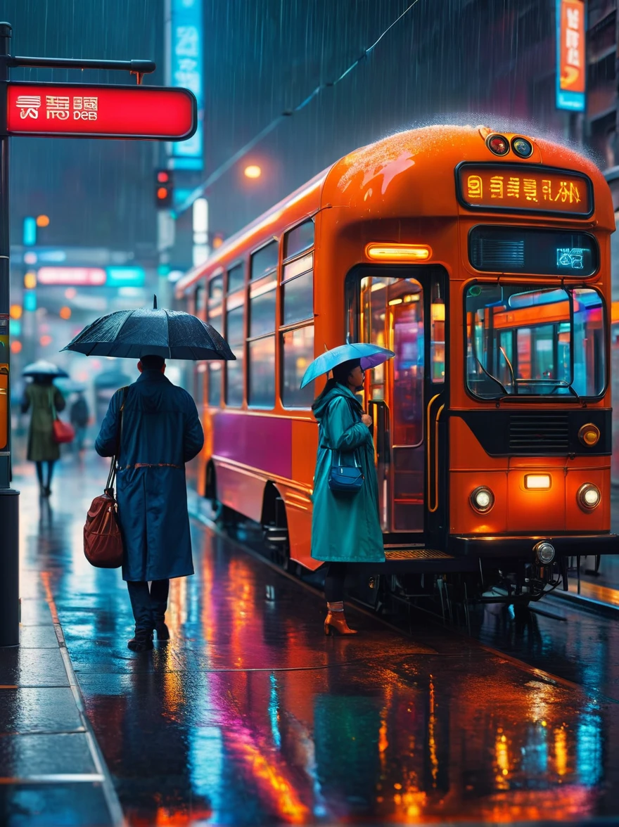(train station scene:1.5),At a rainy bus stop,A man stands between two women,They are all waiting for the bus to arrive。A man sad and a woman is angry。The rain formed puddles on the ground,The lights at the bus stop look particularly warm in the rain。The surrounding environment looks a little hazy due to the rain,But the lights at the bus stop provide them with a warm haven。Both men and women wore rainy-weather clothing,man wearing a hat,The women wore light raincoats。Despite the bad weather,But they seemed to have an argument,This makes the whole scene full of human sadness,Let the picture pay more attention to the expression of nature and environment,3D rendering miniature scene design,miniature diorama,Transparent material,Pipe conveying materials,rich and colorful,futuristic,Graphic design inspiration illustration,emerging rendering,mixer,Unreal Engine,HDR, HD,best quality