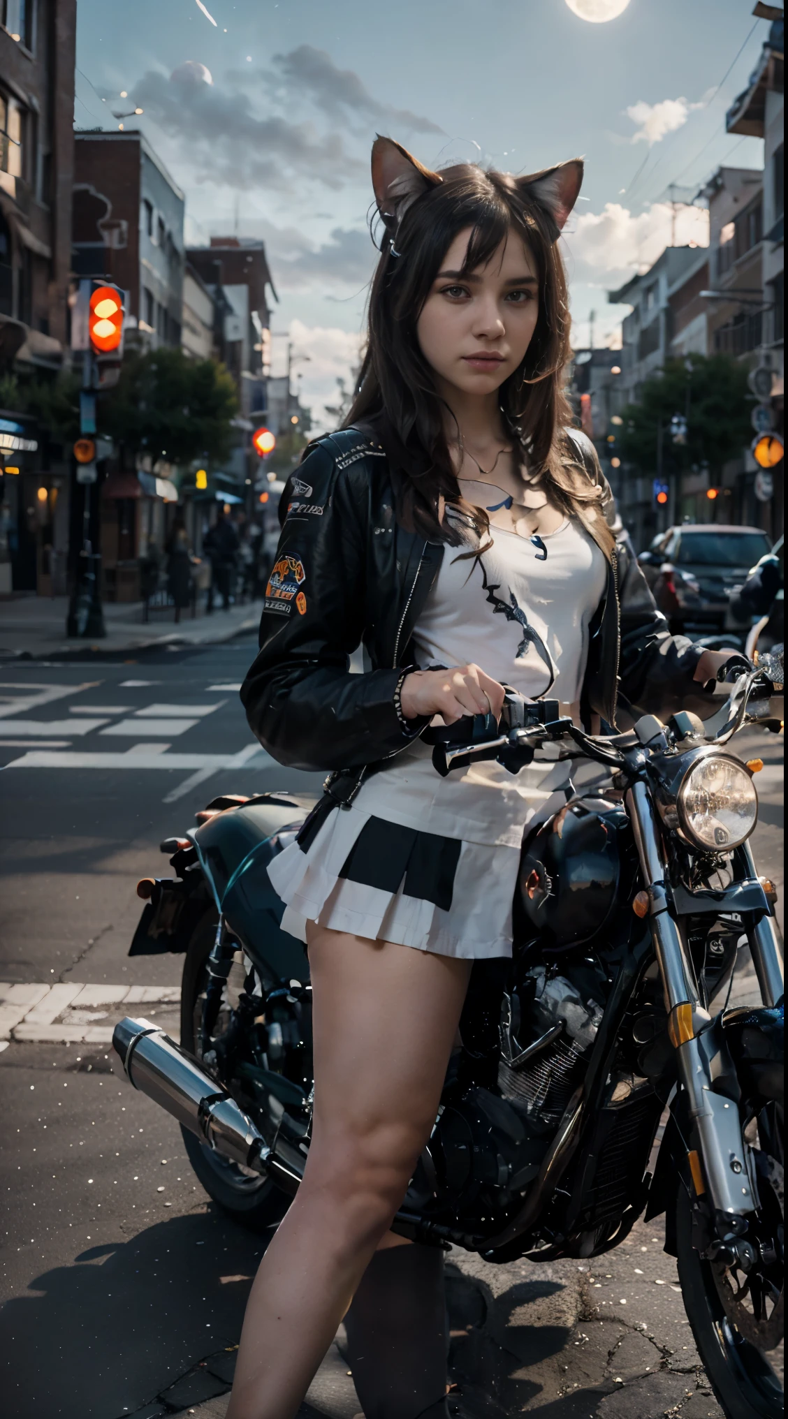 17-year-old Waifu Egirl, Cat Ears, Cat Tail, posando na frente de uma motocicleta futurista, the motorcycle has skulls and blue flames highly detailed 3D graphics, night scenery with full moon in the background, she is wearing a White SchoolUniform with 3D skulls and flames and Sailor Miniskirt, Pantyhose, HDR, epic realism, high-octane rendering, obra de arte,