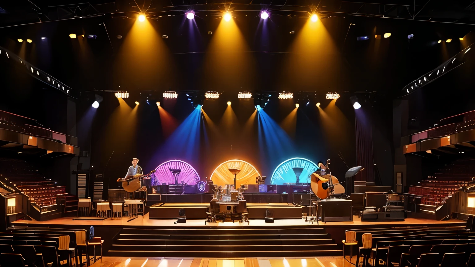 "An indoor stage setting for American country music, with electric and acoustic guitars resting on stands, next to a piano and a drum. Colorful lights cast a welcoming glow on the stage. Decoration includes saddles, cowboy hats and kerosene lamps, creating an authentic old west environment." No figures on stage or bar