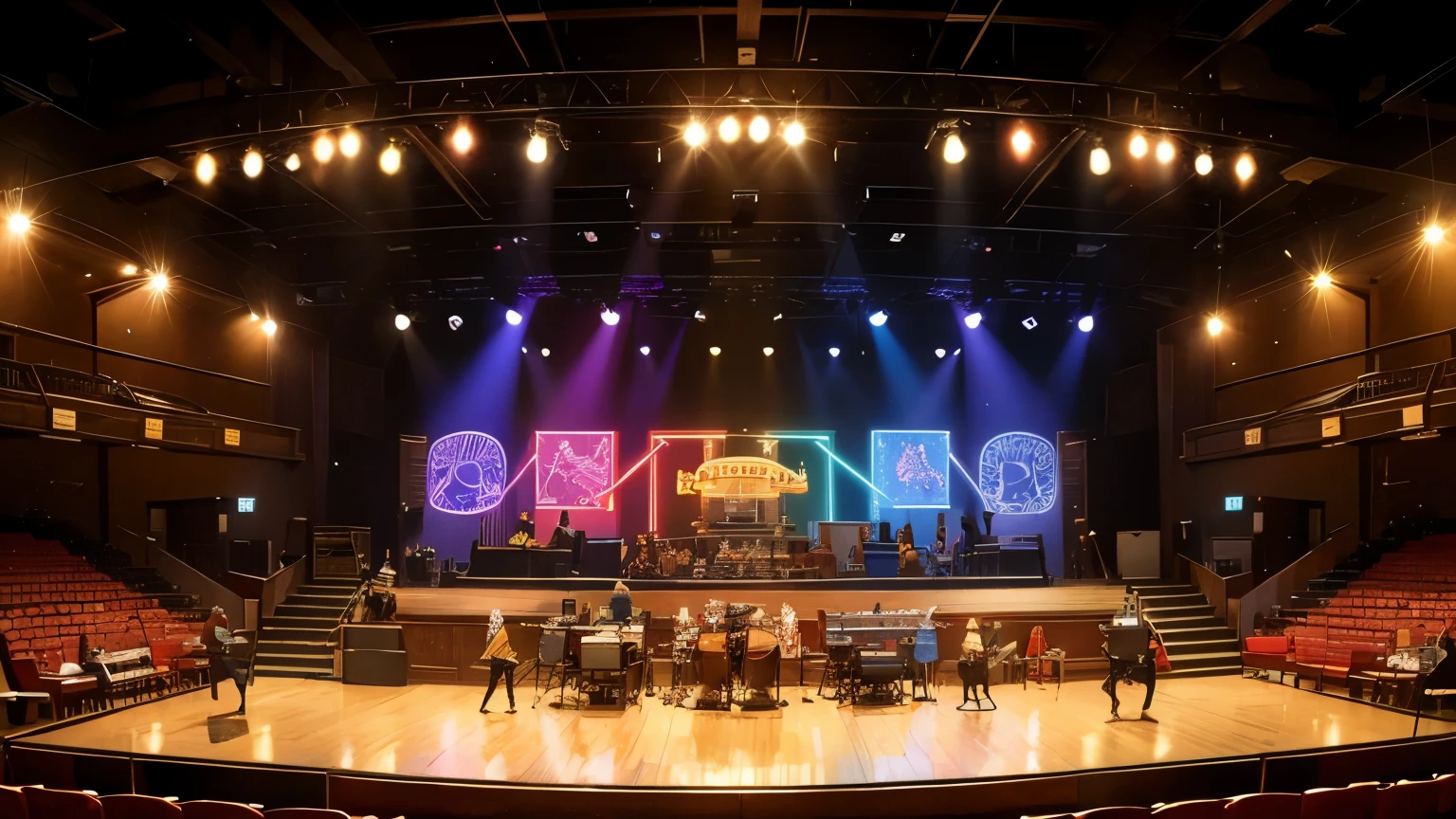 "An indoor stage setting for American country music, with electric and acoustic guitars resting on stands, next to a piano and a drum. Colorful lights cast a welcoming glow on the stage. Decoration includes saddles, cowboy hats and kerosene lamps, creating an authentic old west environment." No figures on stage or bar