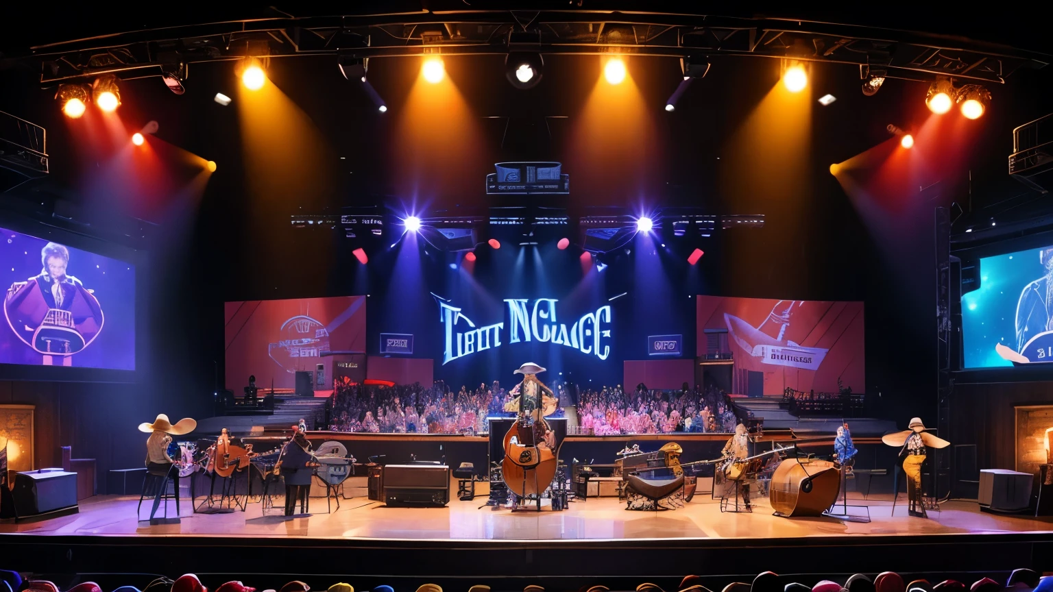 "An indoor stage setting for American country music, with electric and acoustic guitars resting on stands, next to a piano and a drum. Colorful lights cast a welcoming glow on the stage. Decoration includes saddles, cowboy hats and kerosene lamps, creating an authentic old west environment." No figures on stage or bar