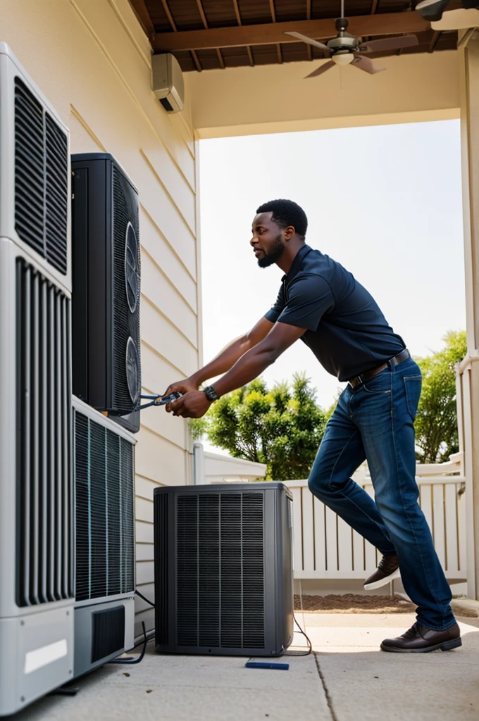 A black man trying to catch his falling air conditioner 