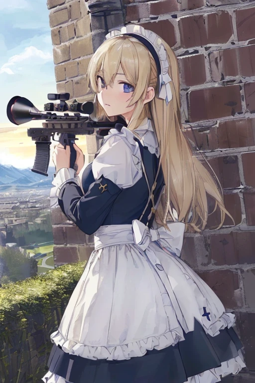 ((Highest quality:1.6)), ((detailed:1.4)), (Ultra-high resolution:1.6)(detailed:1.6), (Perfect Face:1.4), (detailedなイラスト:1.6), (Ultra-high resolution:1.6), girl, A very concentrated face, cute, Blonde, Small breasts, Black and white maid outfit, Blue ribbon, White apron, Gothic maid outfit, Long, Above the Battlements, On the wall, Defend the castle, European Castles, Castle, (Sniperrifleで狙撃:1.6), Sniper, Sniper, Sniperrifleを構えてる, rifle, gun, アサルトrifle, (Castle Defense, gun撃戦, Looking through the scope, Aim at the enemy, Sniper from the top of the castle, Eyes are enemies, Side angle:1.4), (両手でrifleを構える:1.4)