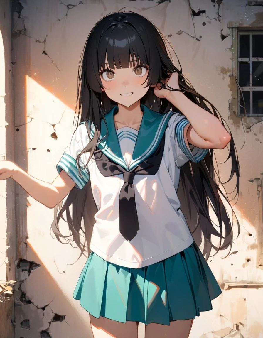 (8k, best quality, master piece: 1.2),super high resolution,1 girl,独奏,15yo,ultra-detailed face,detailed eyes,brown eyes,very long hair,glossy black hair,Hime cut,straight hair,Giving an empty smile,Perfect Hands, Perfect Fingers,(Spread your hair with both hands),sailor suit,aqua collar, white shirts, short sleeve, school,aqua skirt,black ribbon tie,White knee-high socks,Tea loafers,Are standing,rim light,Broken Window,Abandoned hospital corridor