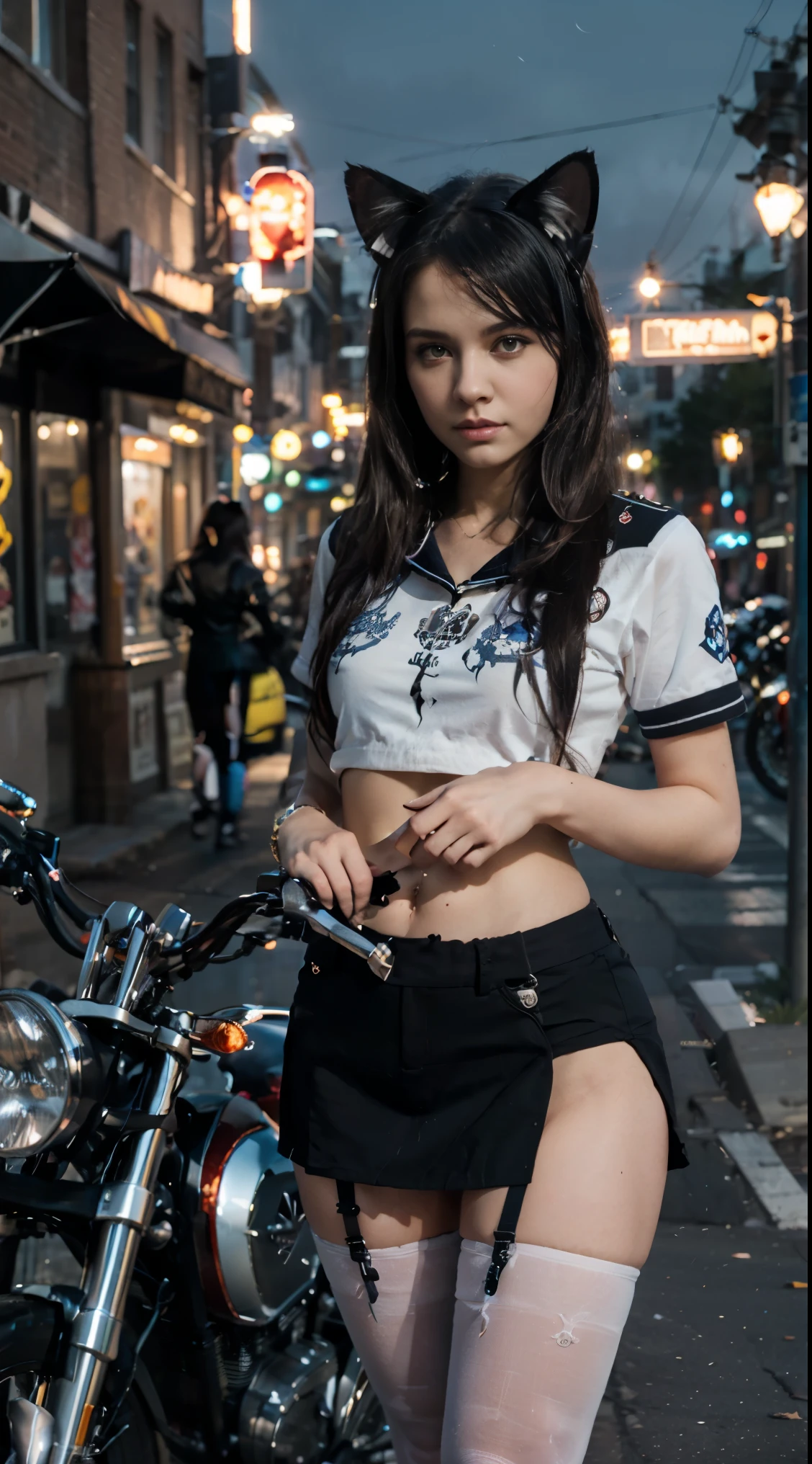 17-year-old Waifu  E-Girl, Cat Ears, Cat Tail, posando na frente de uma motocicleta futurista, the motorcycle has skulls and blue flames highly detailed 3D graphics, night scenery with full moon in the background, she is wearing a  White SchoolUniform with 3D skulls and flames and Sailor Miniskirt, Pantyhose, HDR, epic realism, high-octane rendering, obra de arte,