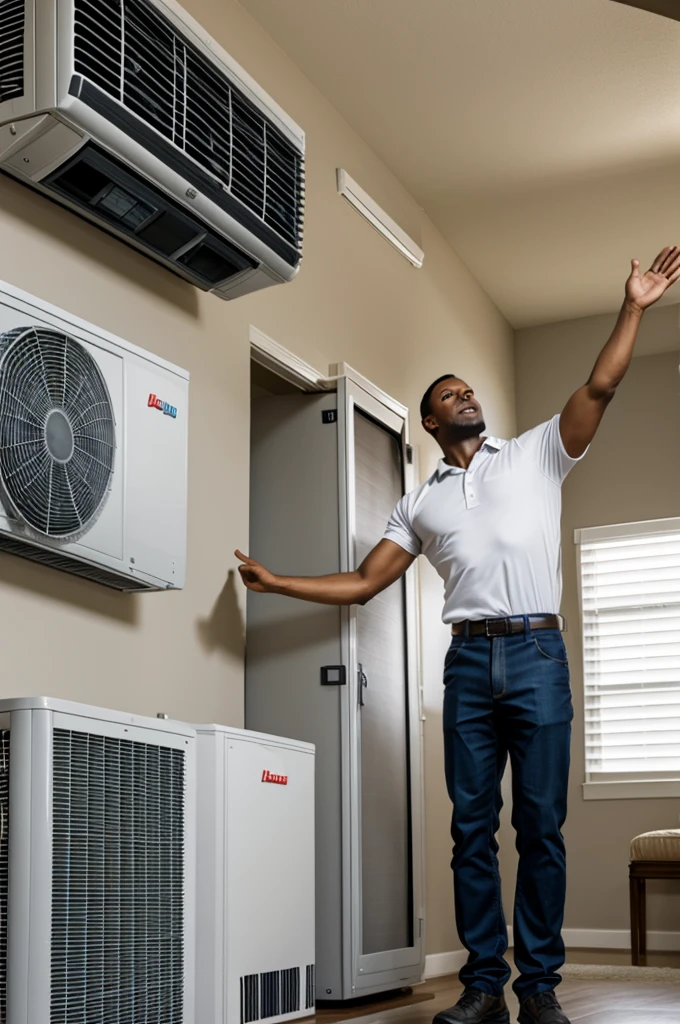 A black man trying to catch his falling air conditioner