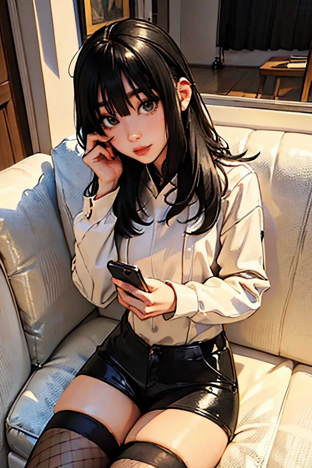 ((highest quality、masterpiece、detailed))、1 cute girl、beautiful anime、1girl、young girl、 solo、long black hair、 black leather shorts、Fishnet tights、Lying down on simples beige sofa, typing in cell phone, few lighting, alone, cute house scenario, without looking at the viewer