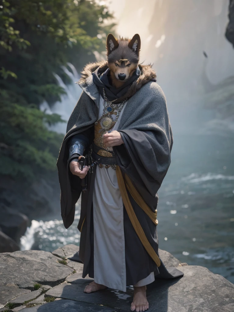 Masterpiece, Solo, a humanoid Furry shiba, thin, stoic Pose, stoic, heroic, old, grey beard, monk outfit, Standing and praying on the cliff near the waterfall.