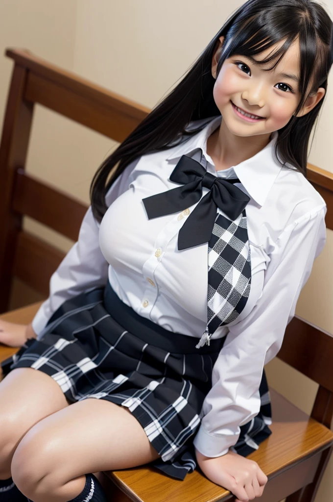 masterpiece, Highest quality, 8K, Young beautiful girl, 、Clothed Big Tits、((((((10 years Large Breasts:1.3)), photo shoot, Cute face,  Embarrassing、smile、 makeup, Ten generations, Detailed face, Long Hair、Black Hair、Narrow waist,((school uniform、White shirt、Checkered mini skirt))、Black knee-high socks,