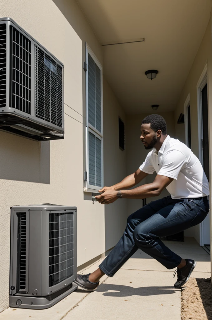 A black man trying to catch his falling air conditioner 