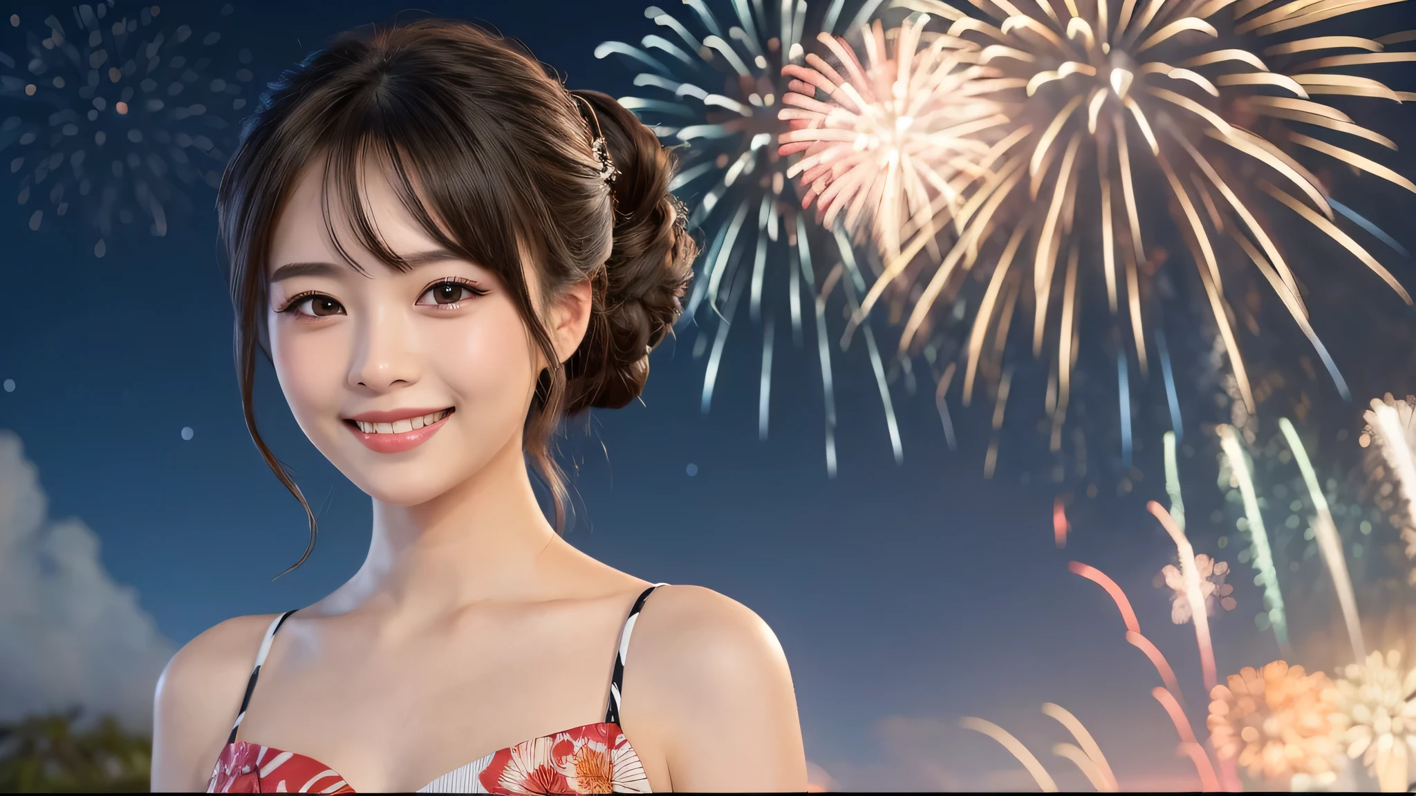 kawaii face, (1girl), (happy smile:1.2), Updo hairstyle, (yukata), (Best Quality:1.4), Realistic, extremely detailed CG unified 8k wallpaper, highly detailed, High-definition raw color photos, professional photography, Realistic portrait, Beautiful detailed, Close up portrait of girl, Outdoors, Beautiful scenery, beach, (The night sky, fireworks, beautiful fireworks spreading across the sky:1.4), so beautiful, upper body photos, amazingly beautiful sight, A wonderful, (Fine face:1.2),