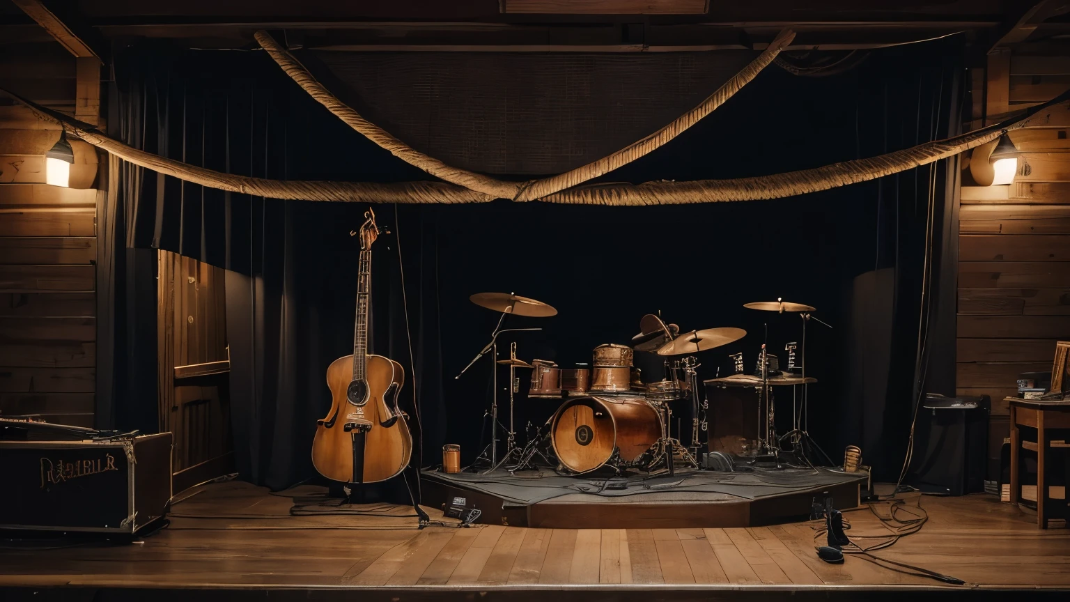 An empty American country music stage indoors, equipped with a double bass, a guitar and a keyboard. Warm and cozy lighting highlights the details of the western decor, including cowboy boots, old rodeo posters and roping ropes hanging on the walls."