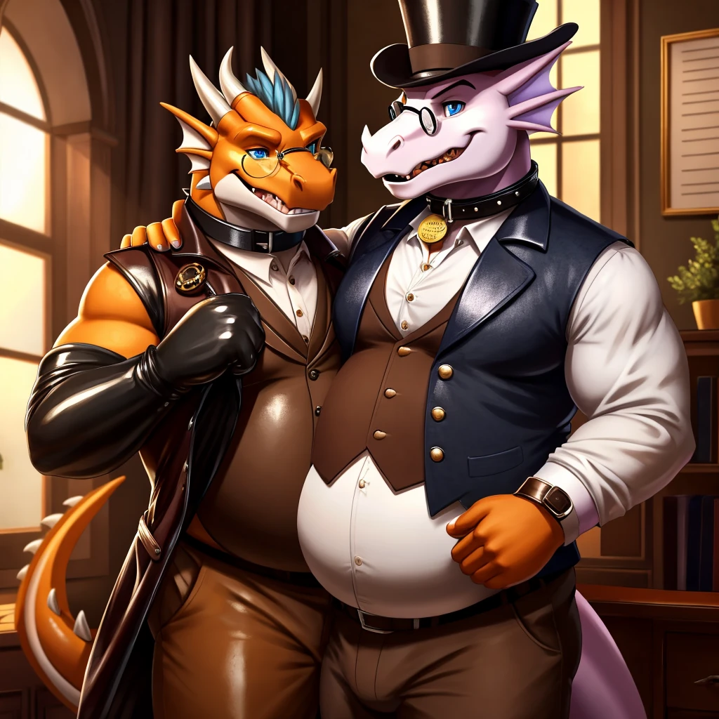 Male, fat, extremely obese, gentleman, dapper Professor Dragon, blue eyes, (posing:1.3), (soft shading), 4k, hi res, ((detailed face, detailed)), looking at viewer, mouth wide open, steampunk, dapper clothing, collared shirt with buttons, top hat, male focus, Explorer Outfit, glasses, monocle, vest with buttons, sleeves rolled up, round eyewear, brown headwear, brown vest, office, Dragon is wearing a glossy leather dog collar around the neck, Dragon is wearing the leather collar and shirt and vest at the same time, Dragon is wearing glossy white rubber gloves on the hands, wearing white rubber gloves on the feet, gloves are rubber in texture, clenching teeth, clenching fists, leather collar is glossy and shiny with a lot of detail, Dragon is wearing gloves and leather collar at the same time, leather collar has a round dog-tag, leather collar is thick and detailed, leather collar is glossy and shiny, fancy clothing, dapper vest, dapper shirt, leather collar is thick, glossy leather collar, a second male Dragon in the same attire helping the fat Dragon get dressed.