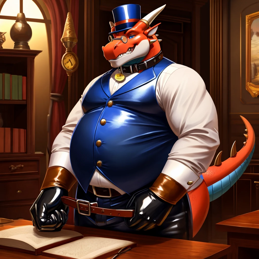 Male, fat, extremely obese, gentleman, dapper Professor Dragon, blue eyes, (posing:1.3), (soft shading), 4k, hi res, ((detailed face, detailed)), looking at viewer, mouth wide open, steampunk, dapper clothing, collared shirt with buttons, top hat, male focus, Explorer Outfit, glasses, monocle, vest with buttons, sleeves rolled up, round eyewear, brown headwear, brown vest, office, Dragon is wearing a glossy leather dog collar around the neck, Dragon is wearing the leather collar and shirt and vest at the same time, Dragon is wearing glossy white rubber gloves on the hands, wearing white rubber gloves on the feet, gloves are rubber in texture, clenching teeth, clenching fists, leather collar is glossy and shiny with a lot of detail, Dragon is wearing gloves and leather collar at the same time, leather collar has a round dog-tag, leather collar is thick and detailed, leather collar is glossy and shiny, fancy clothing, dapper vest, dapper shirt, leather collar is thick, glossy leather collar, a second male Dragon in the same attire helping the fat Dragon get dressed.