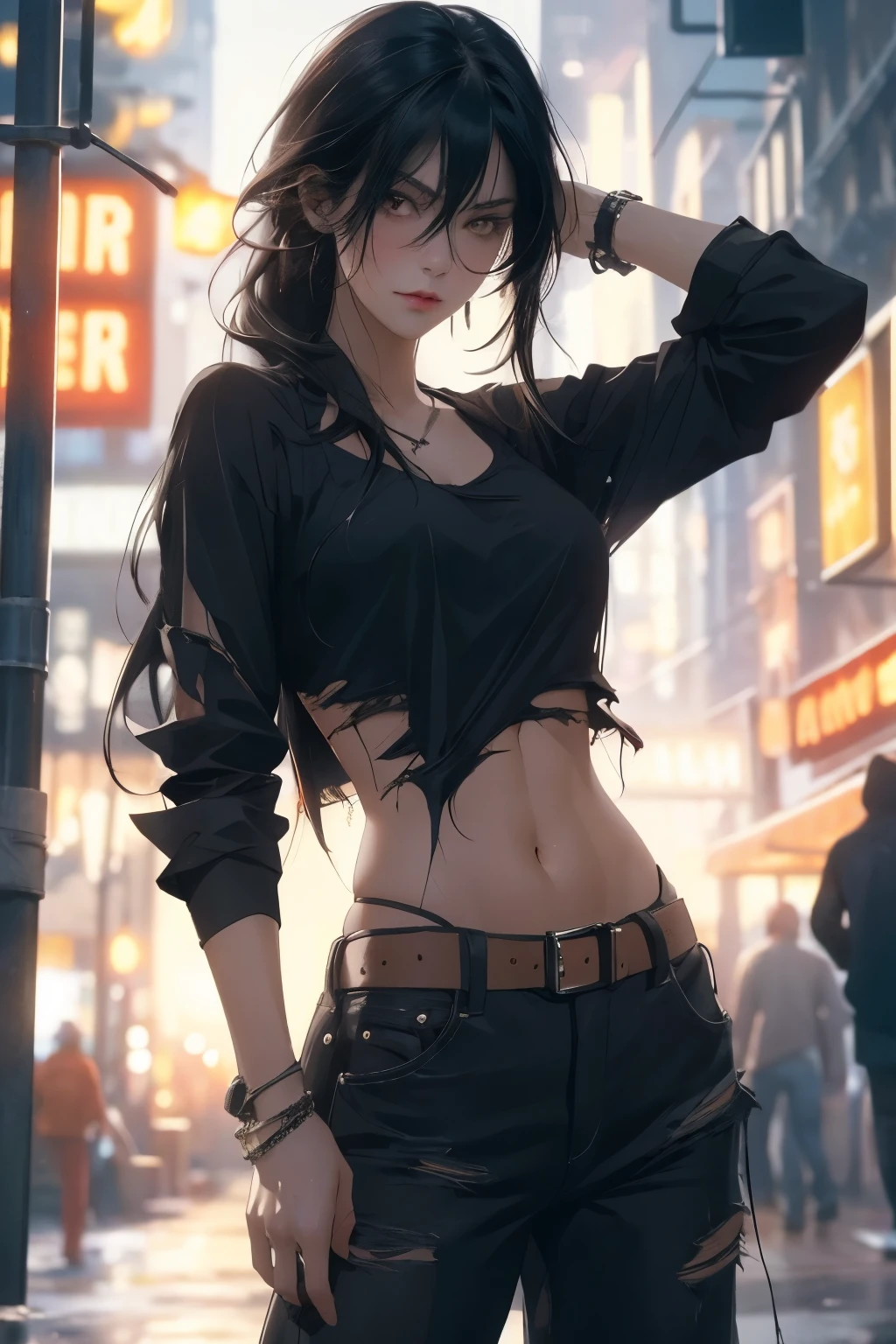 8k quality, 1girl, bangs, black_hair, black_pants, black_shirt, breasts, clothes_writing, cowboy_shot, crop_top, cyberpunk, hair_between_eyes, hip_vent, holding, long_hair, looking_at_viewer, midriff, navel, orange_eyes, pants, parted_lips, shirt, solo, standing, torn_clothes, very_long_hair, watch, wristband, wristwatch, yellow_eyes