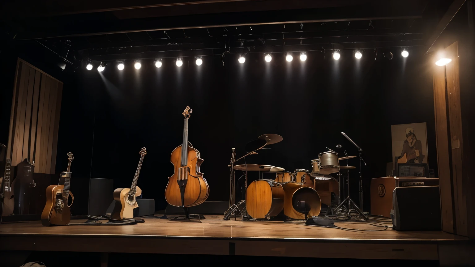 An empty American country music stage indoors, equipped with a double bass, a guitar and a keyboard. Warm and cozy lighting highlights the details of the western decor, including cowboy boots, old rodeo posters and roping ropes hanging on the walls."