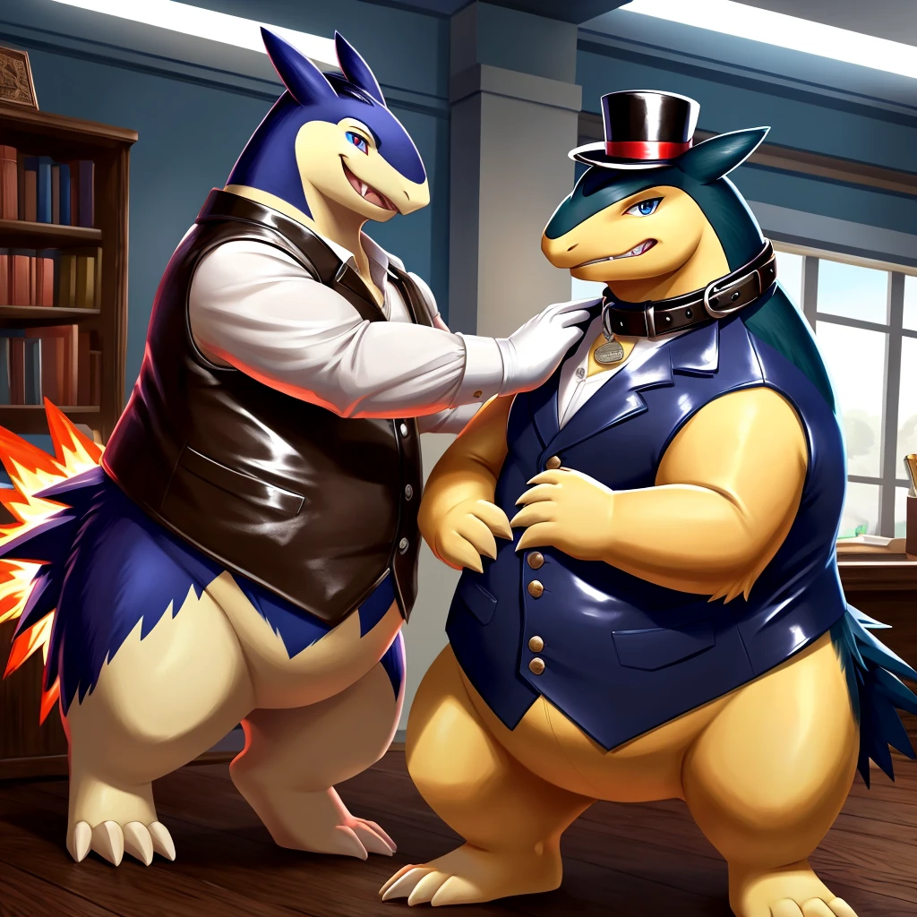Male, fat, extremely obese, gentleman, dapper Professor Typhlosion, blue eyes, (posing:1.3), (soft shading), 4k, hi res, ((detailed face, detailed)), looking at viewer, mouth wide open, steampunk, dapper clothing, collared shirt with buttons, top hat, male focus, Explorer Outfit, glasses, monocle, vest with buttons, sleeves rolled up, round eyewear, brown headwear, brown vest, office, Typhlosion is wearing a glossy leather dog collar around the neck, Typhlosion is wearing the leather collar and shirt and vest at the same time, Typhlosion is wearing glossy white rubber gloves on the hands, wearing white rubber gloves on the feet, gloves are rubber in texture, clenching teeth, clenching fists, leather collar is glossy and shiny with a lot of detail, Typhlosion is wearing gloves and leather collar at the same time, leather collar has a round dog-tag, leather collar is thick and detailed, leather collar is glossy and shiny, fancy clothing, dapper vest, dapper shirt, leather collar is thick, glossy leather collar, a second male Typhlosion in the same attire helping the fat Typhlosion get dressed.