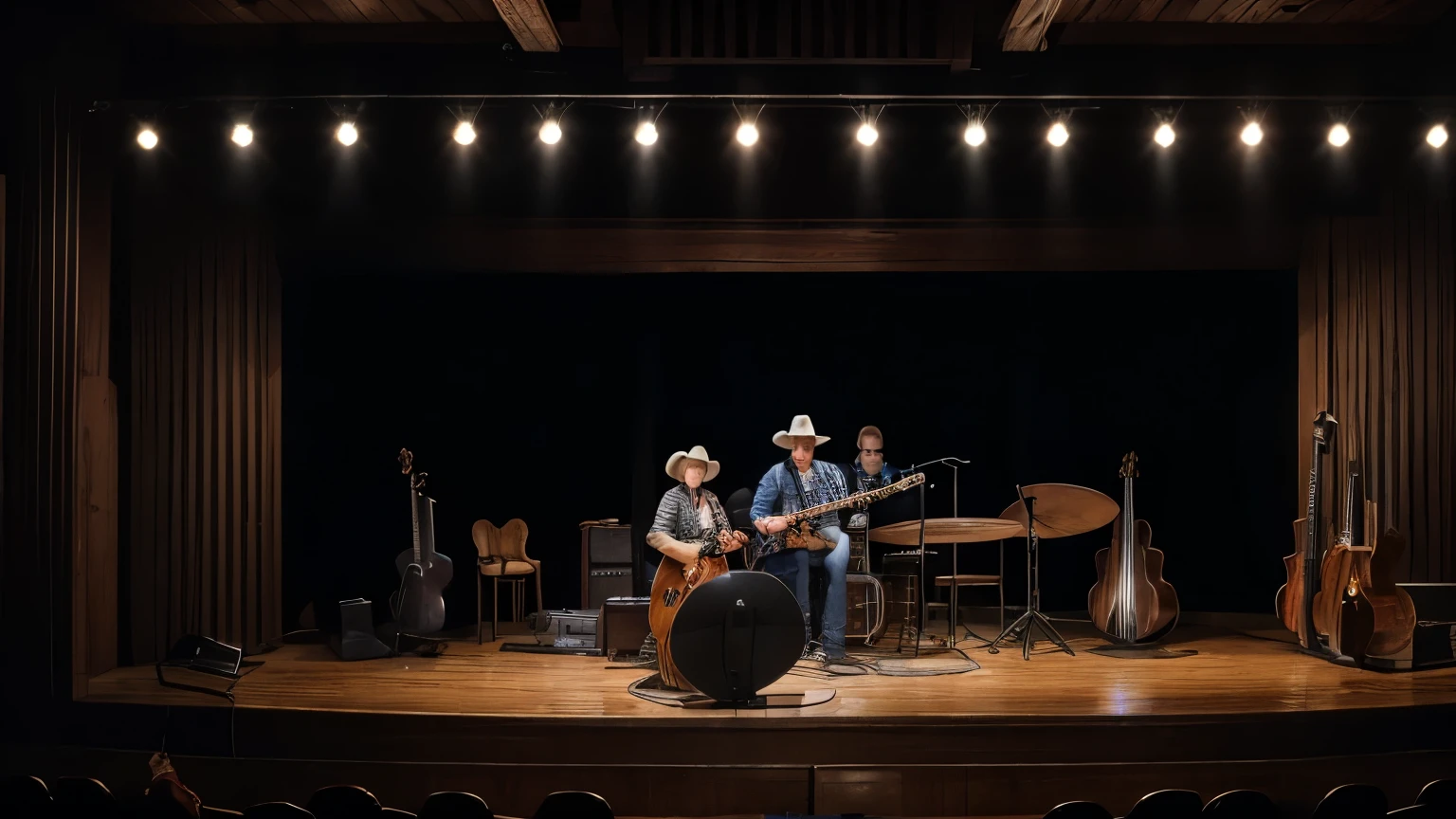 An empty American country music stage indoors, equipped with a double bass, a guitar and a keyboard. Warm and cozy lighting highlights the details of the western decor, including cowboy boots, old rodeo posters and roping ropes hanging on the walls."