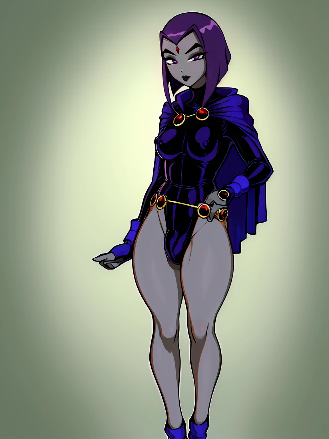 (solo:1.1),(masterpiece), (best quality:1.3), ultra detailed, intricate, (nice hands:1.6), professional art, digital art, absurdres, shadraven, (Full body view:1.1), 1girl, solo, (grey skin:1.4), dark purple hair, bob hair, dark purple eyes, hips wider than shoulders, pear shaped body, jewellery, detailed thighs, thick thighs, red jewel in forehead, jewels, (long sleeved turtleneck leotard:1.3), cuffs, small breasts, nipple bulge, (shadraven cloak), (Shadraven broach:1.2), Shadraven jewel belt, Shadraven wearing a long sleeved leotard, long legs, ( long crotch bulge:1.4), large penis, large testicles, side view, looking at viewer, bubble butt , gluteal crease, universal lighting,,