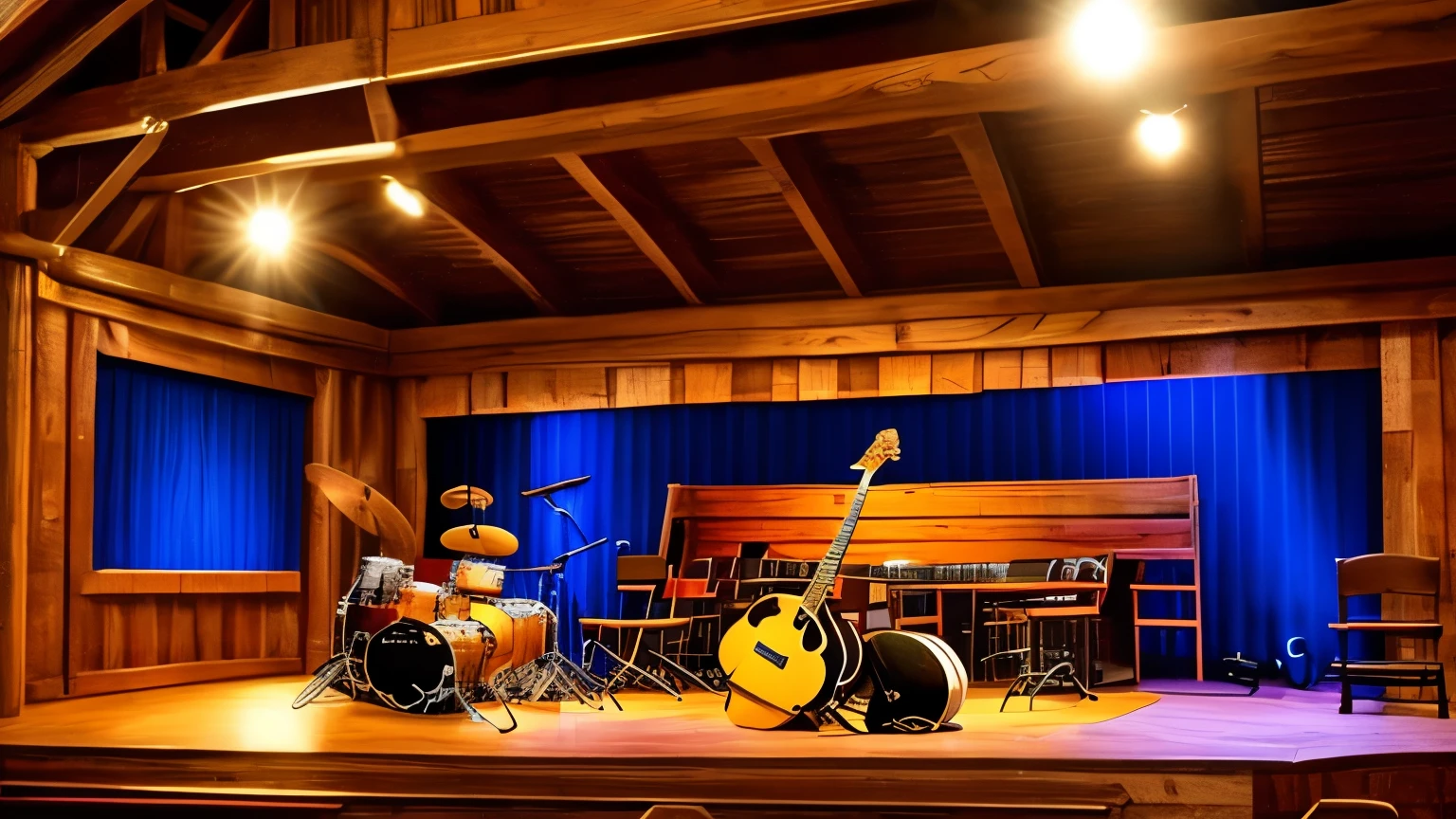 "Indoor American country music stage, with a banjo, a double bass and a guitar highlighted. Orange and yellow stage lights create an inviting atmosphere. Western-style decor includes wooden barrels, cowboy hats hanging and an American flag in the background."