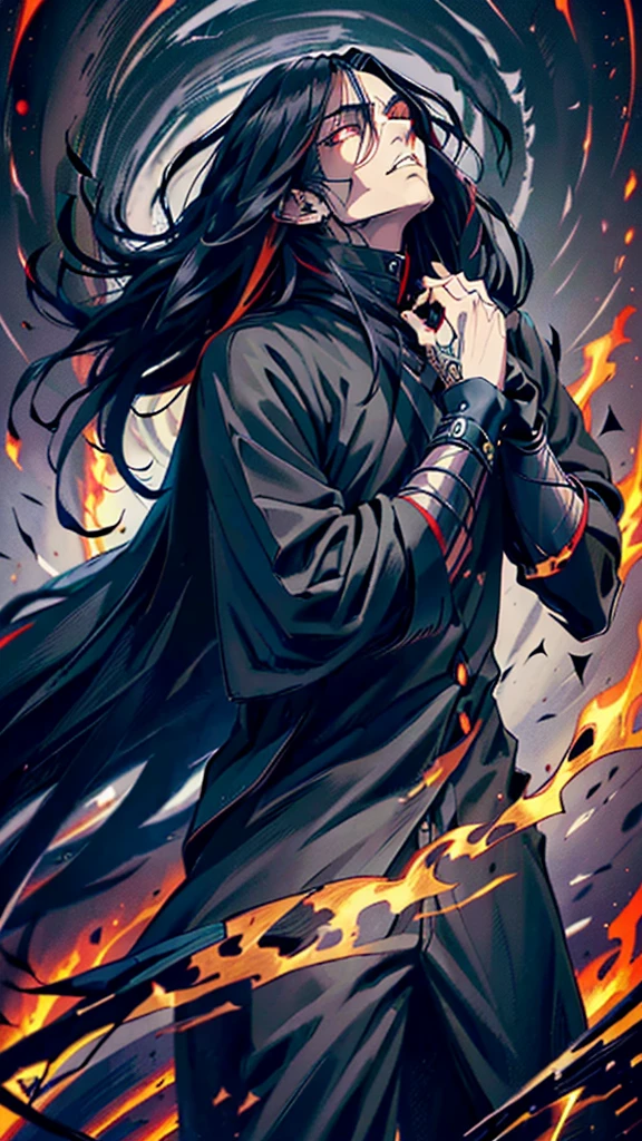 1 man (long black hair) wears (completely black clothes with some metal accessories) (has red spiral pupils) (holds a huge black scythe with one hand, while with the other he makes a great black aura power) (this surrounded by crows and a big black wolf at his side, fire everywhere) (full image, 4k, 8k, high quality.)