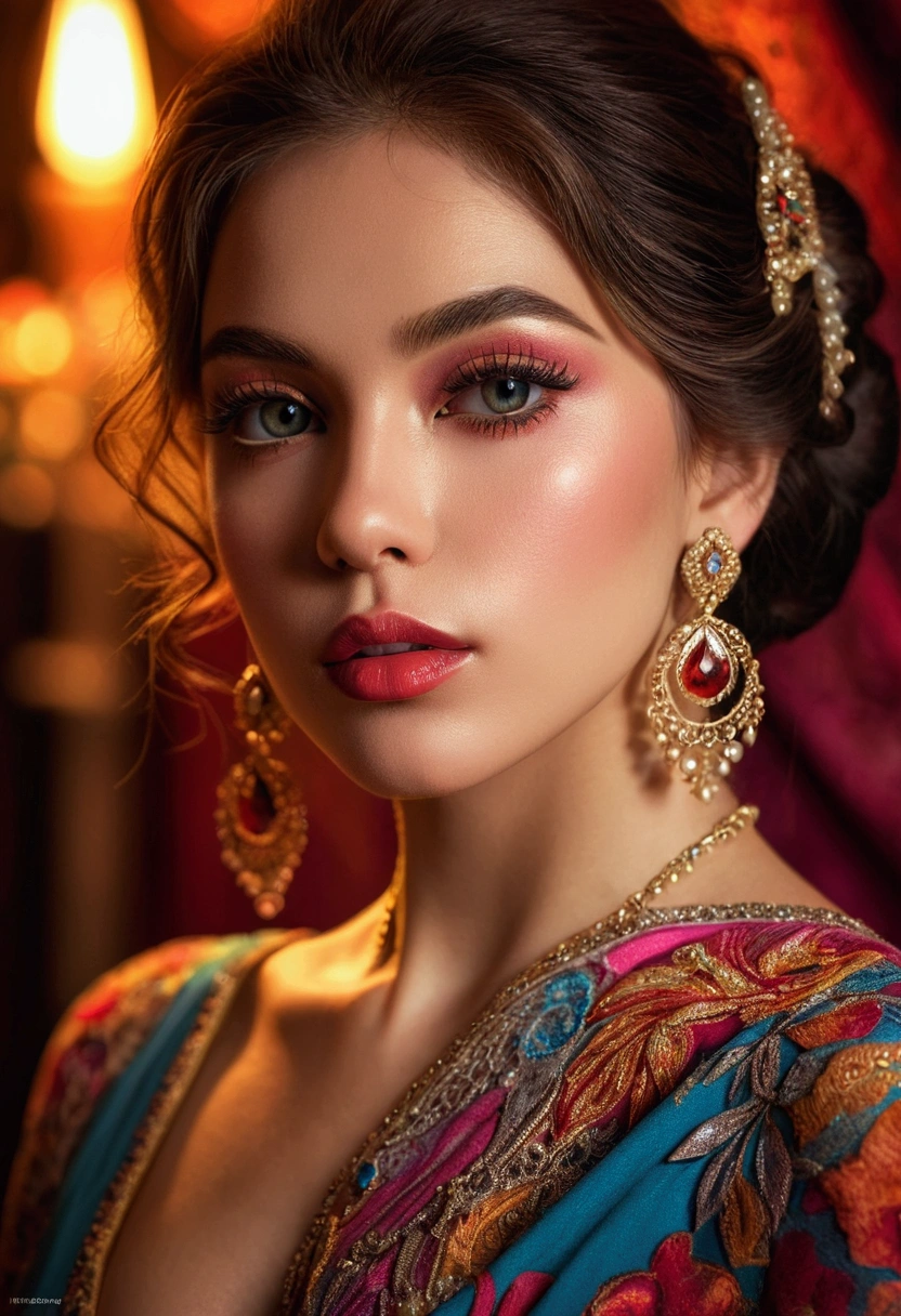 a beautiful sexy, face detailed, detailedeyes, detailed lips, long eyelashes, gorgeous detailed skin, Elegant dress, sultry posing, elegant jewelry, detailed fabric, warm lighting, film composition, swirly vibrant colors, digitl art, art station, conceptual artwork, work of art