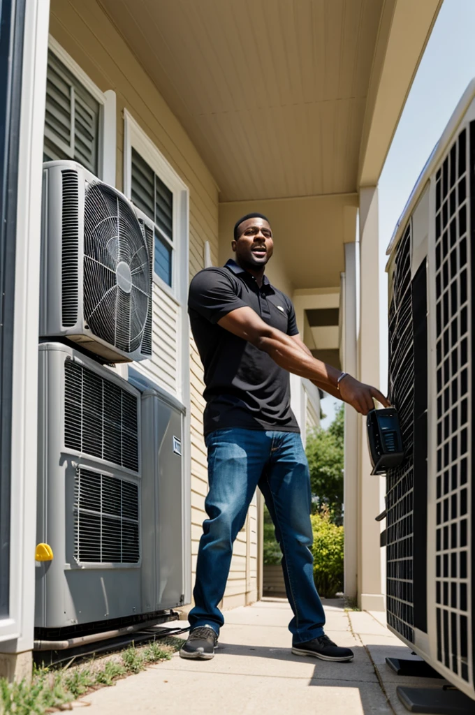A black man trying to catch his falling air conditioner