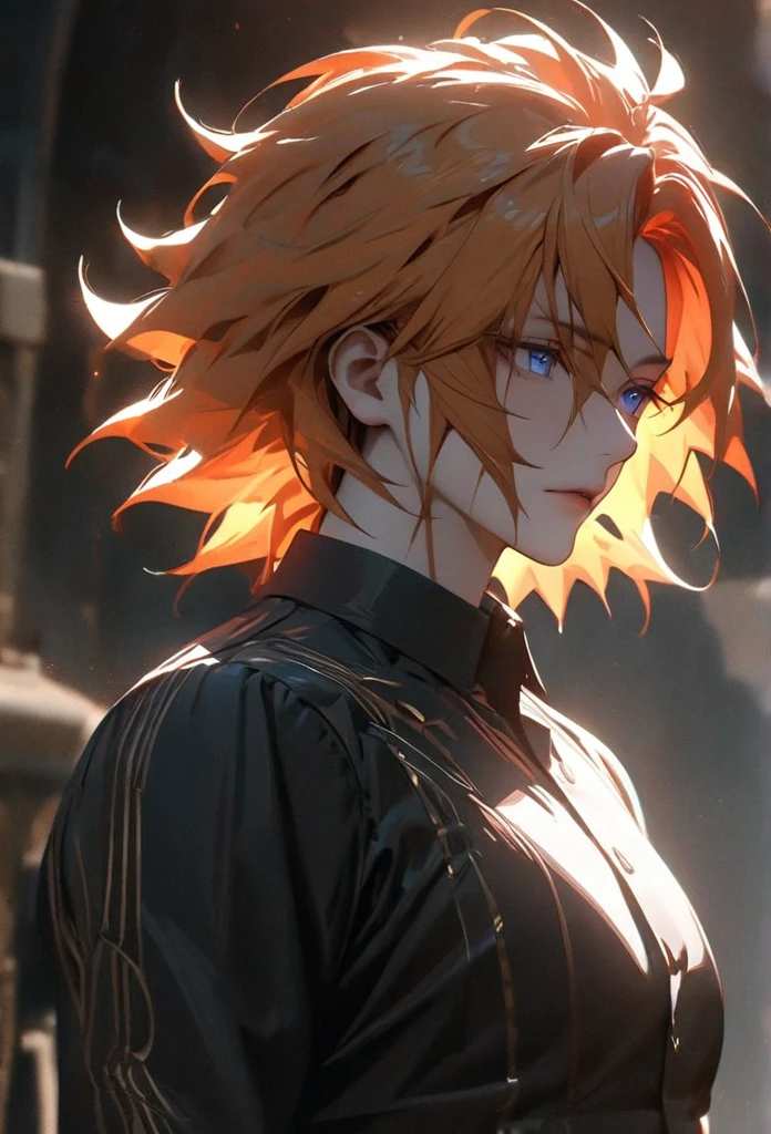 (solo), orange hair, messy hair, mane hair, short hair, dense hair, wild hair, expressive hair, mature,(25 year old), pale skin, blue eyes, ((male)), muscular body, wearing a black dress shirt,, handsome, attractive, eye reflection, depth of field, thunder aura,cinematic lighting, ray tracing, depth of field, cinematic lighting, ray tracing, UHD, high details, best quality, highres, high quality, award winning, super detail, masterpiece, 8k, UHD, high details, best quality, highres, high quality, award winning, super detail, masterpiece, 8k, digital art, anime coloring, full body shot, body shot, good face, perfect face, detailed face, good eyes