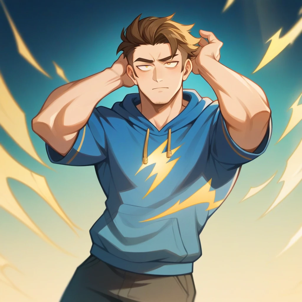 Best Quality 4K Artwork, boy, tall handsome, Slanted Eyes with Strong Red Eyeliner, He Has Electric Blue Neck-Length Hair, The ends of the hair are light yellow, He wears his hair tied behind his head and the locks near his ears are spread out., his eyes are brown and he dresses stylishly, Blue Aesthetic Background, bold pose, Blue Hoodie With Yellow Electricity Rays Print.