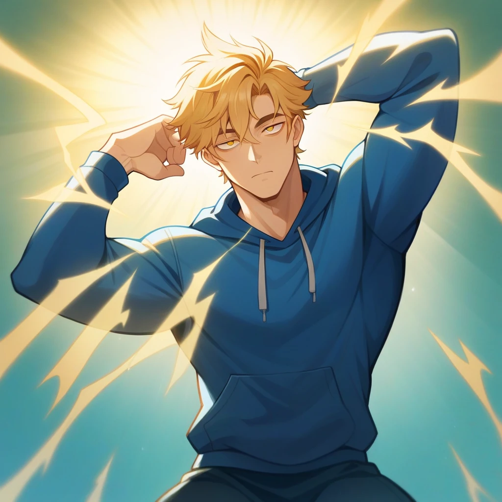 Best Quality 4K Artwork, boy, tall handsome, Slanted Eyes with Strong Red Eyeliner, He Has Electric Blue Neck-Length Hair, The ends of the hair are light yellow, He wears his hair tied behind his head and the locks near his ears are spread out., his eyes are brown and he dresses stylishly, Blue Aesthetic Background, bold pose, Blue Hoodie With Yellow Electricity Rays Print.