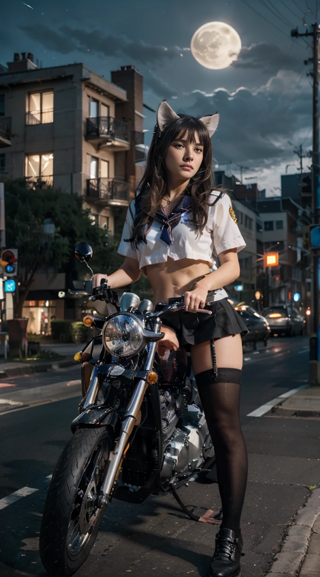 17-year-old Waifu E-Girl, Cat Ears, Cat Tail, posando na frente de uma motocicleta futurista, the motorcycle has skulls and blue flames highly detailed 3D graphics, night scenery with full moon in the background, she is wearing a White SchoolUniform with 3D skulls and flames and Sailor Miniskirt, Pantyhose, HDR, epic realism, high-octane rendering, obra de arte,