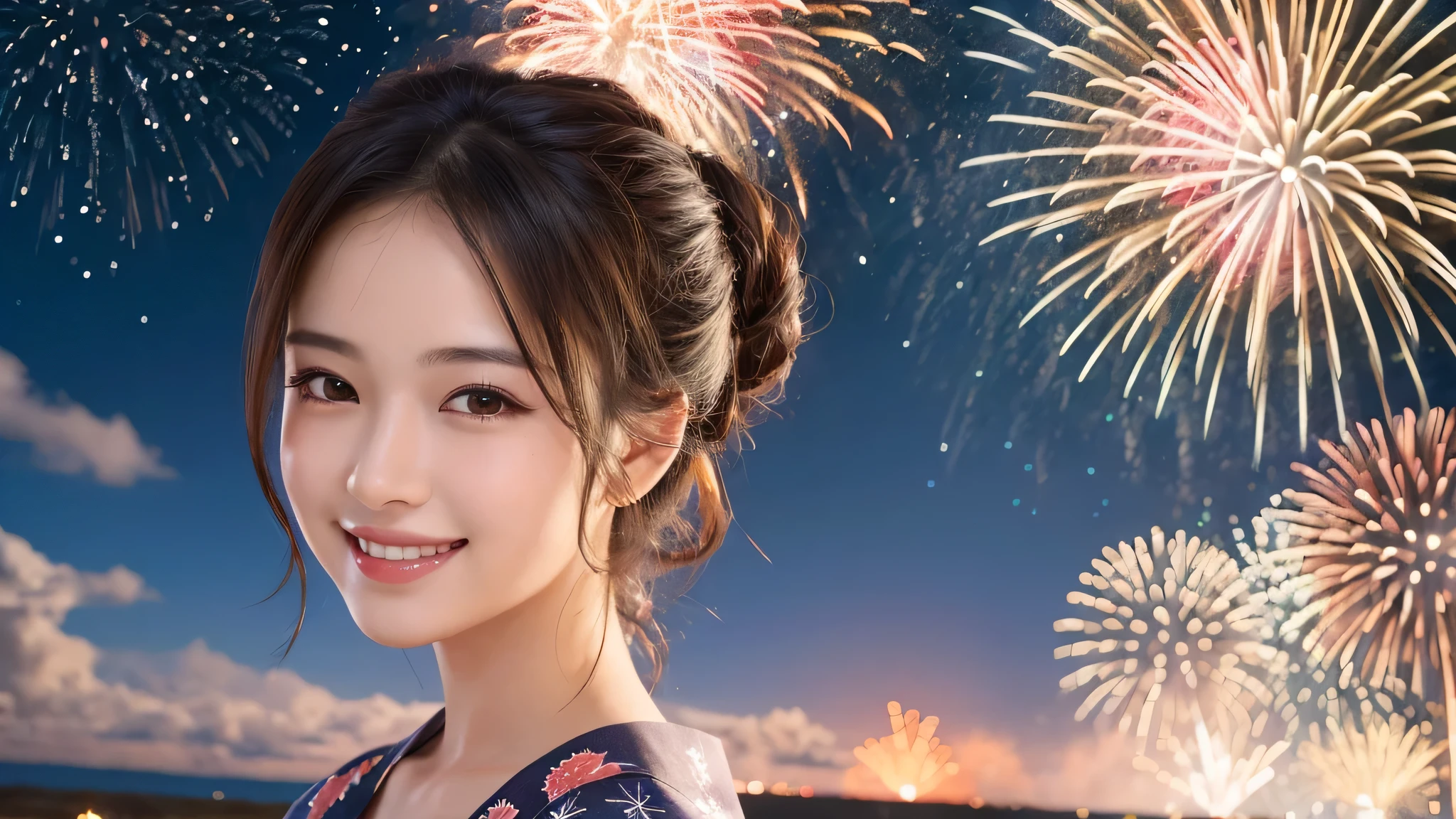 kawaii face, (1girl), (happy smile:1.2), (yukata), Updo hairstyle, (Best Quality:1.4), Realistic, extremely detailed CG unified 8k wallpaper, highly detailed, High-definition raw color photos, professional photography, Realistic portrait, Beautiful detailed, Close up portrait of girl, Outdoors, Beautiful scenery, beach, (The night sky, fireworks, beautiful fireworks spreading across the sky:1.4), so beautiful, upper body photos, amazingly beautiful sight, A wonderful, (Fine face:1.2),