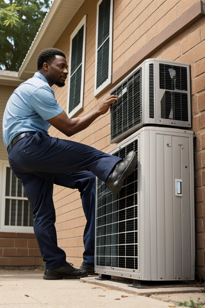 A black man trying to catch his falling air conditioner 