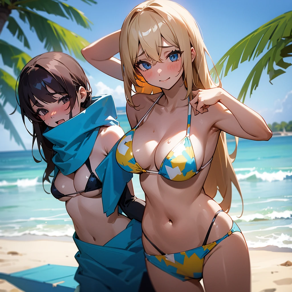 3 Very sexy girls embarrassed in bikinis on the beach